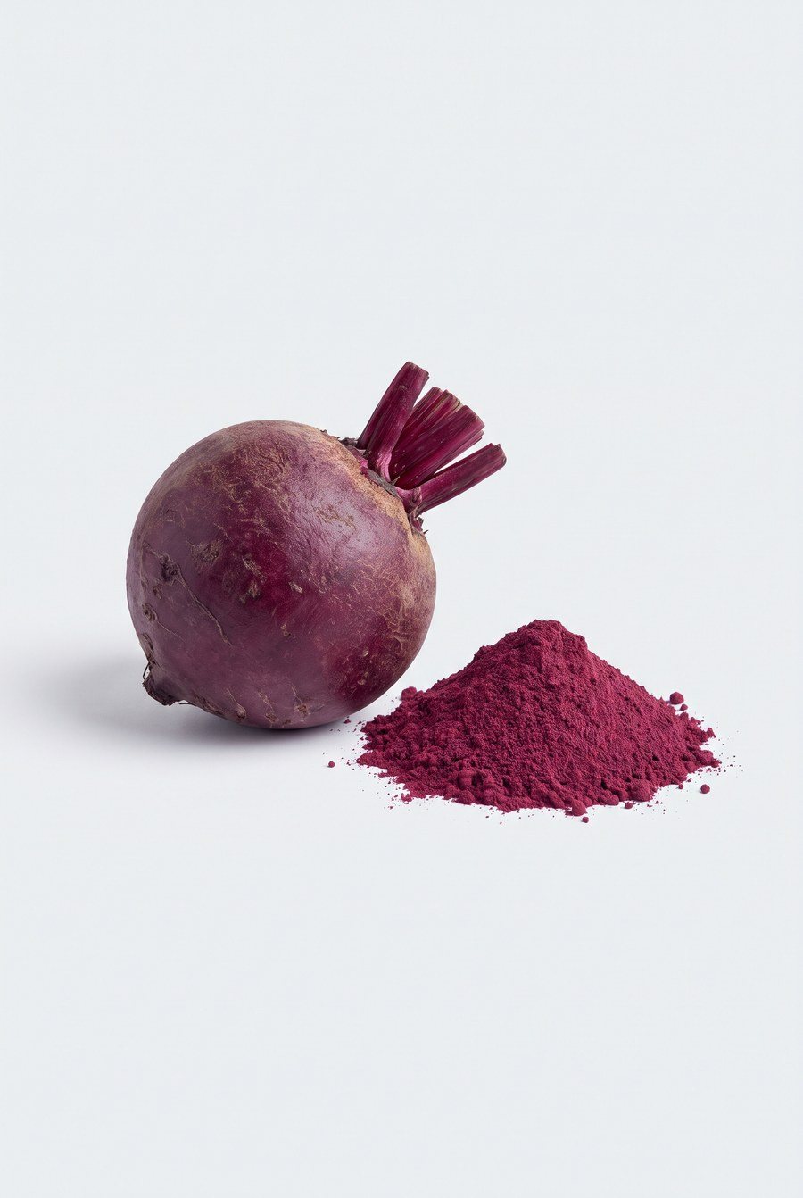 A whole raw beetroot beside a heap of beetroot powder.