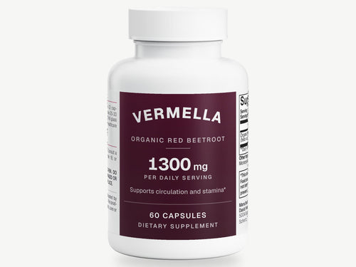 Bottle of Vermella Beetroot, 60 capsules, label facing forward.
