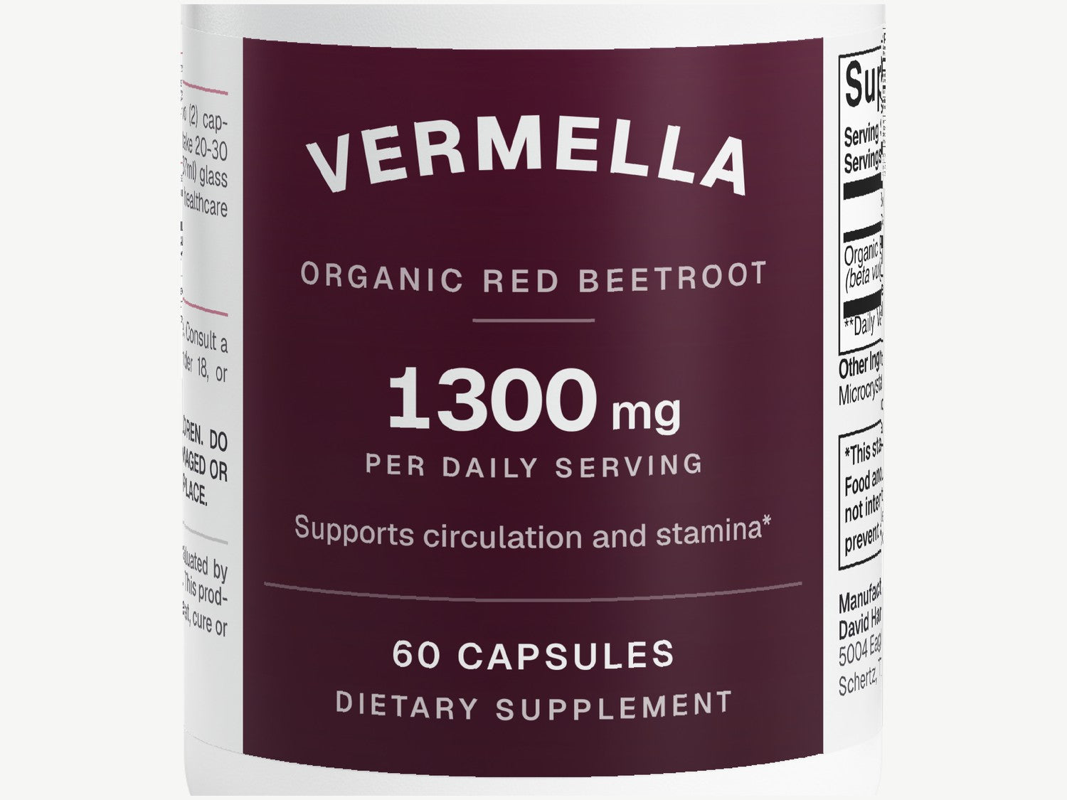 Close-up of the Vermella label: 1,300 mg of organic red beetroot per daily serving, 60 capsules.