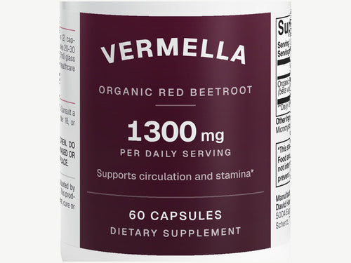 Close-up of the Vermella label: 1,300 mg of organic red beetroot per daily serving, 60 capsules.