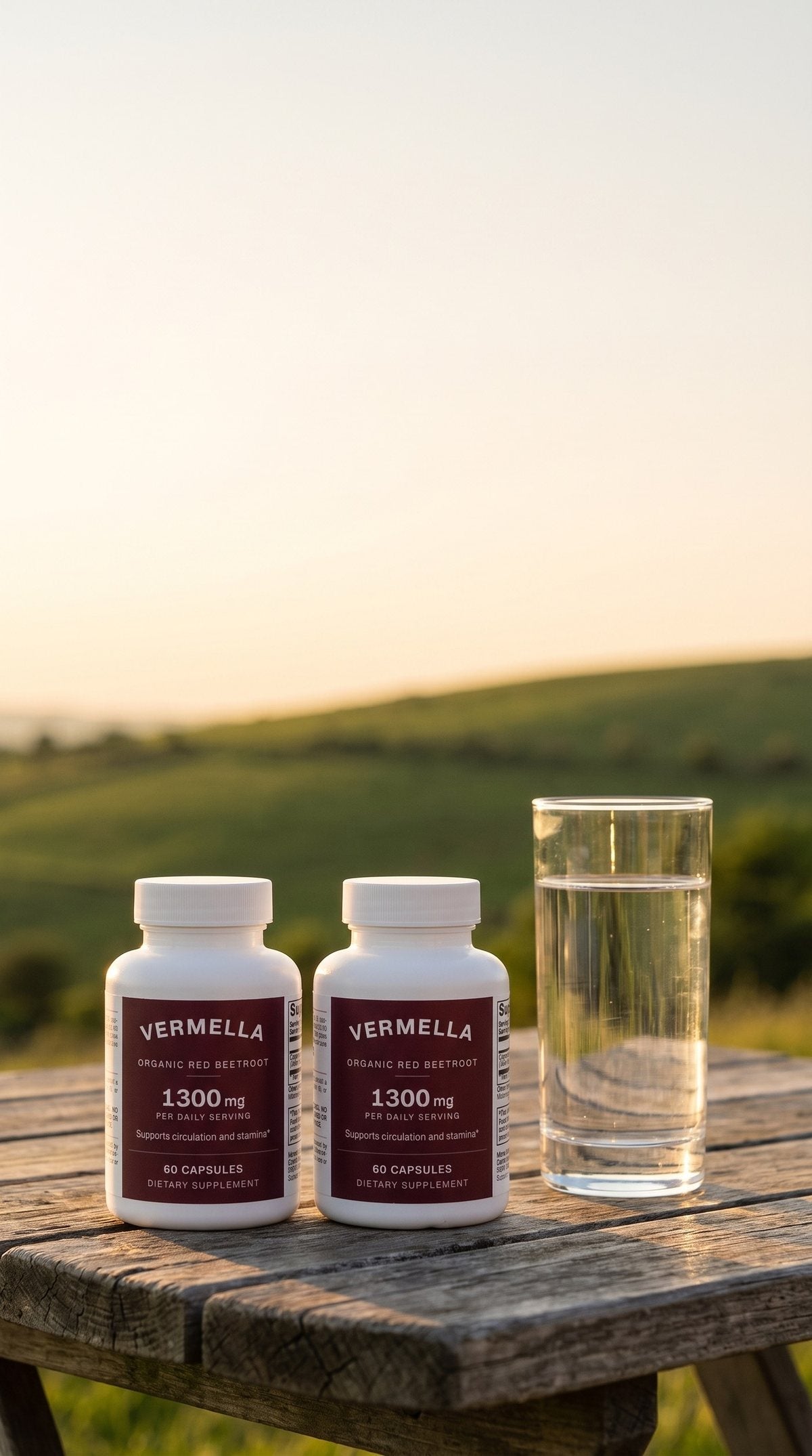 Two bottles of Vermella Beetroot on a wooden outdoor table at golden hour with a glass of water.