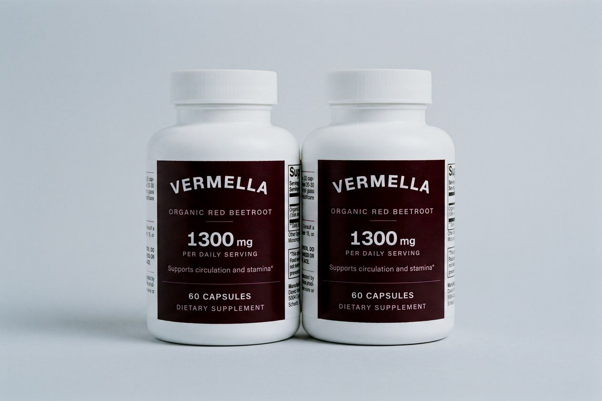 Two bottles of Vermella Organic Red Beetroot side by side, 1,300 mg per daily serving.