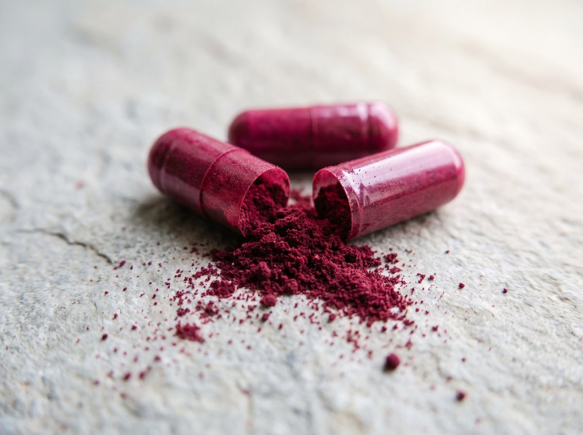 Two capsules, one split open with beetroot powder spilling out.