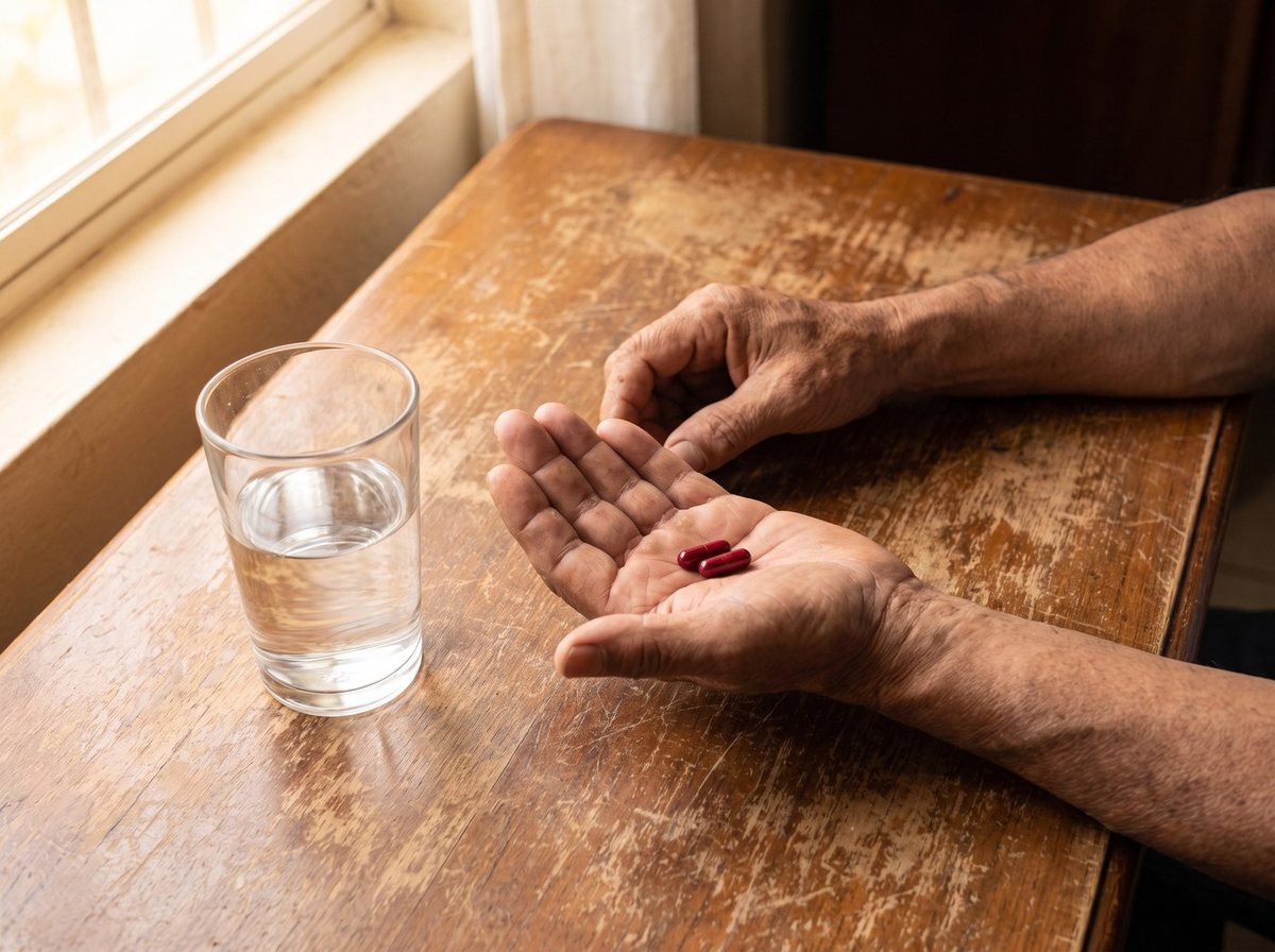 The hands of a man in his sixties holding two capsules beside a glass of water.