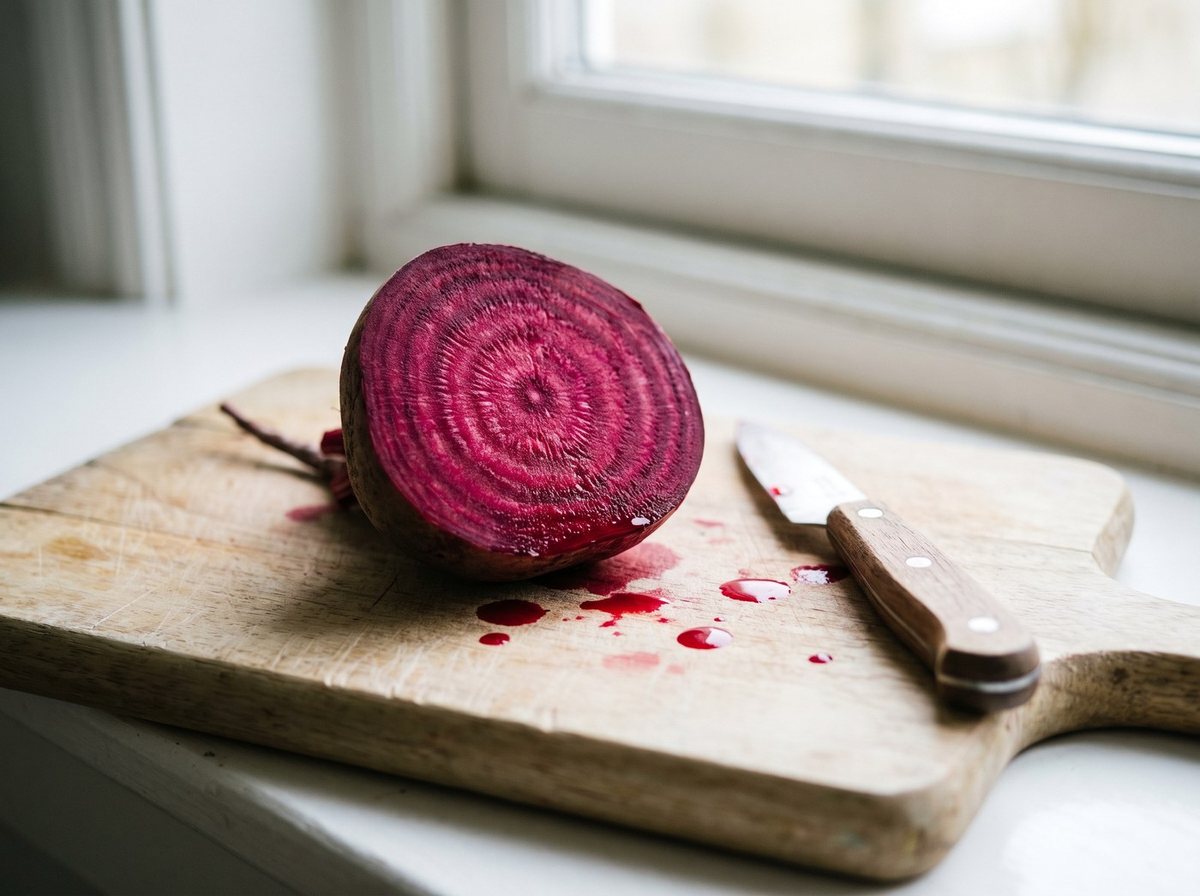A raw beetroot cut in half on a wooden board.