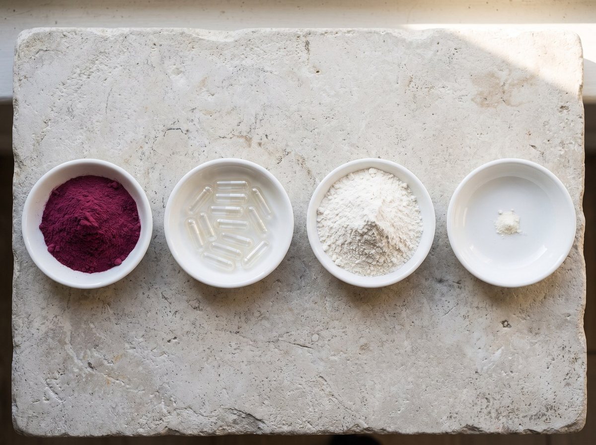 Four small dishes: beetroot powder, empty capsules, and two white powders.