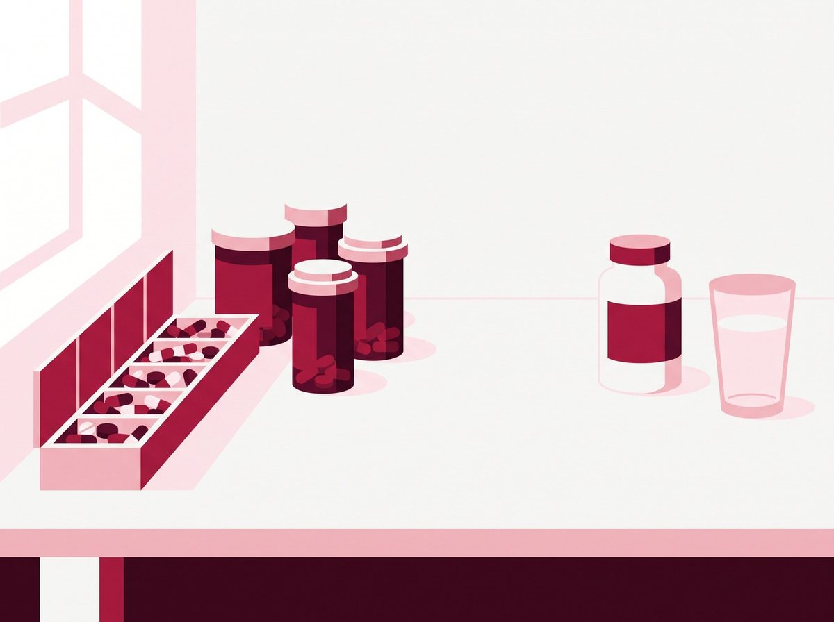 Illustration of a kitchen table with an overflowing pill organizer and one bottle set apart.