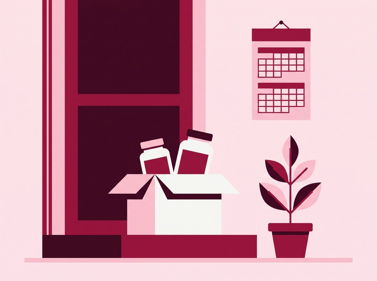 Illustration of a delivery box on a doorstep holding two bottles.